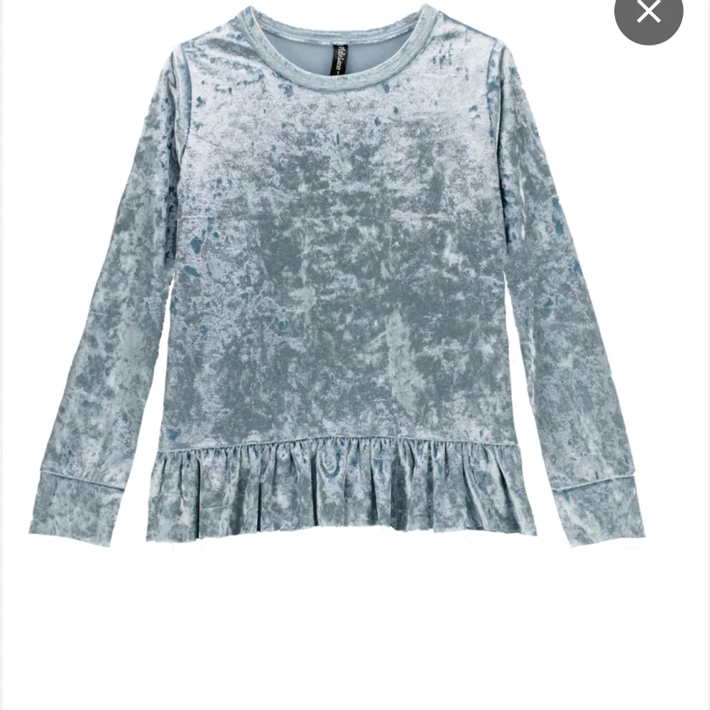 Pixielane Girls Silver Blue Velvet Long Sleeve Ruffle Hem Top Size 5